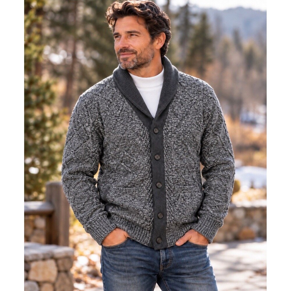 Banana Republic Mens Gray Cardigan XL Cable Knit Wool Italian Yarn Shawl Collar